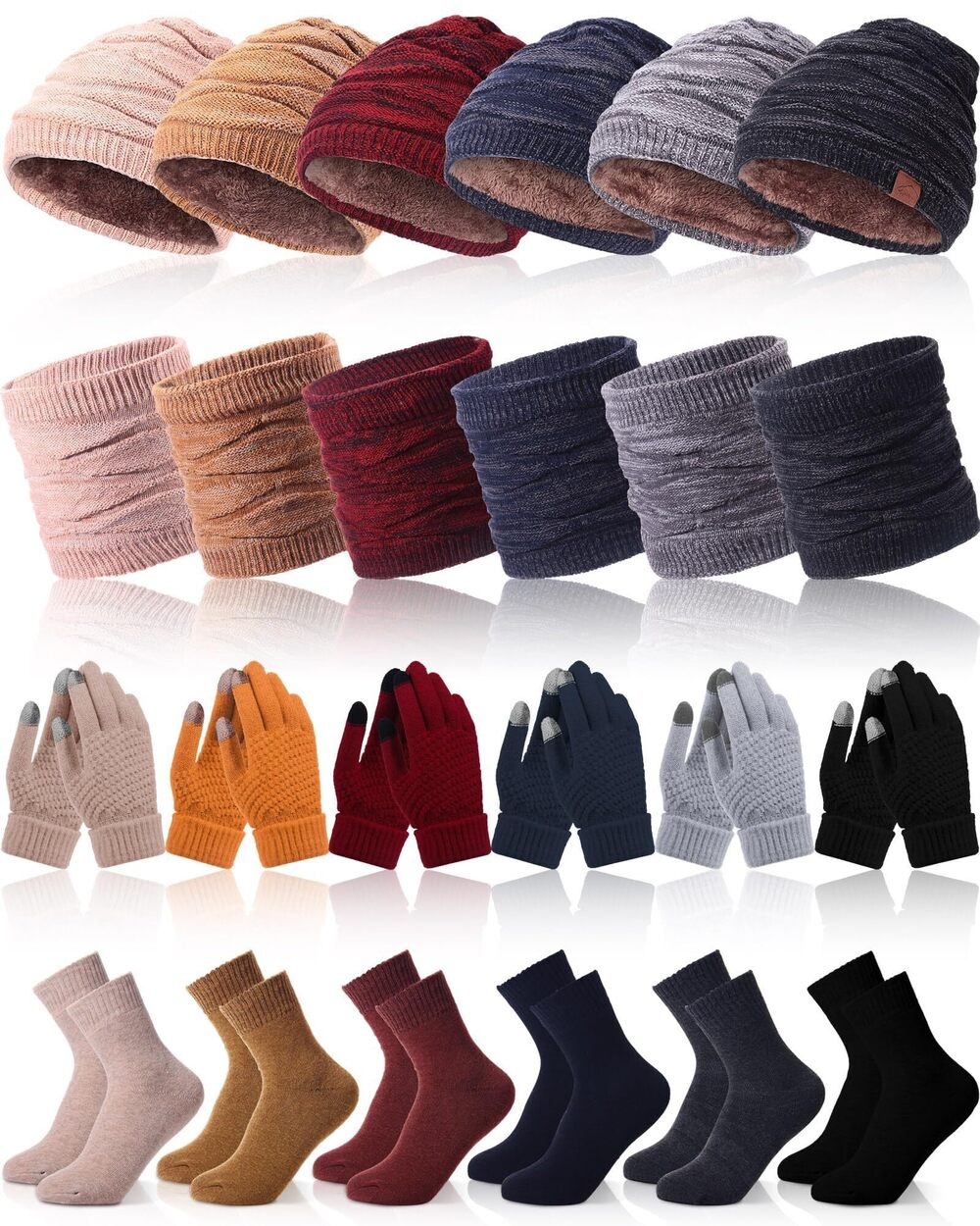 5856 24 Pcs Winter Beanie Hat Scarf Sock Touchscreen Gloves Set Warm Fleece
